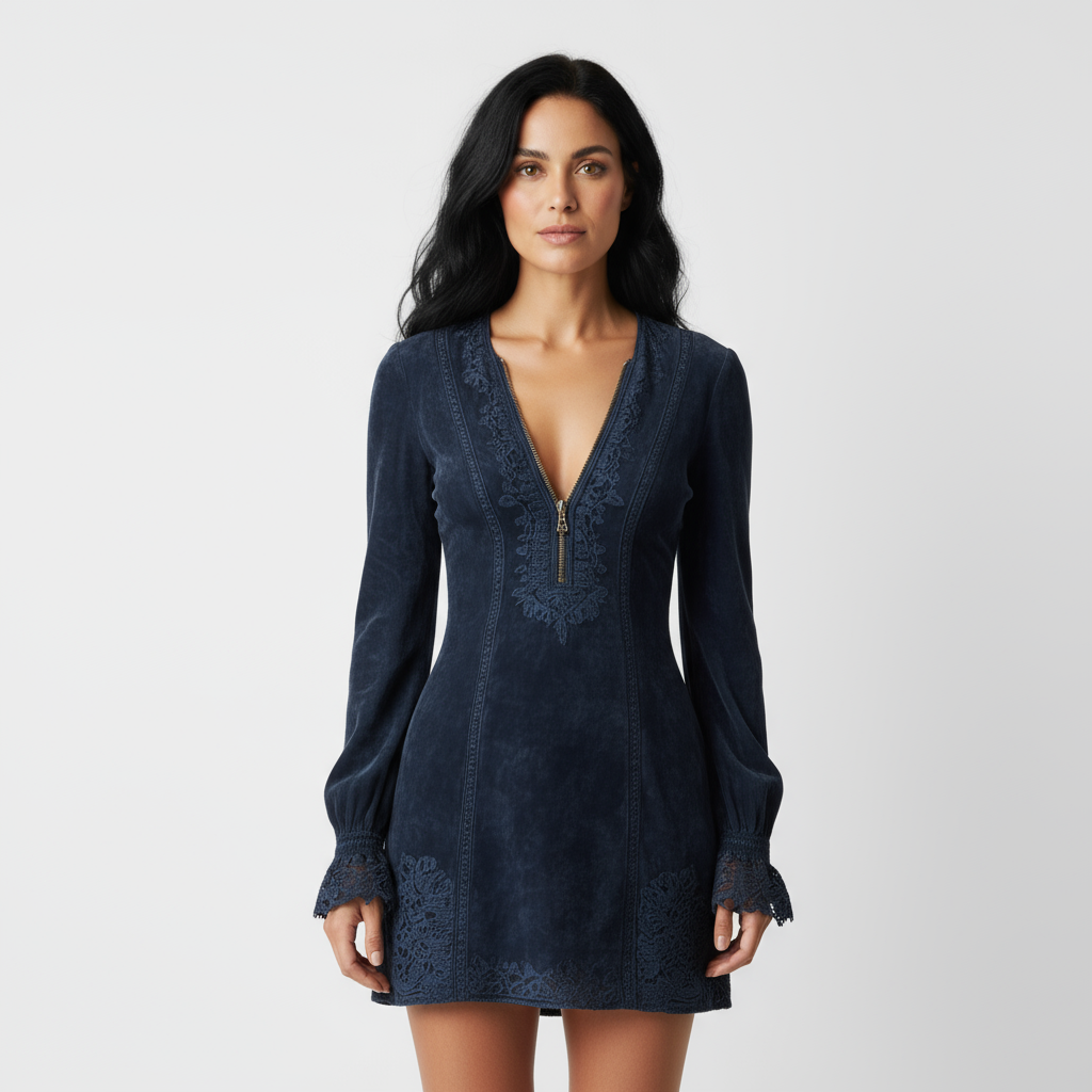 ISLA | Vestido corto de ante azul con encaje